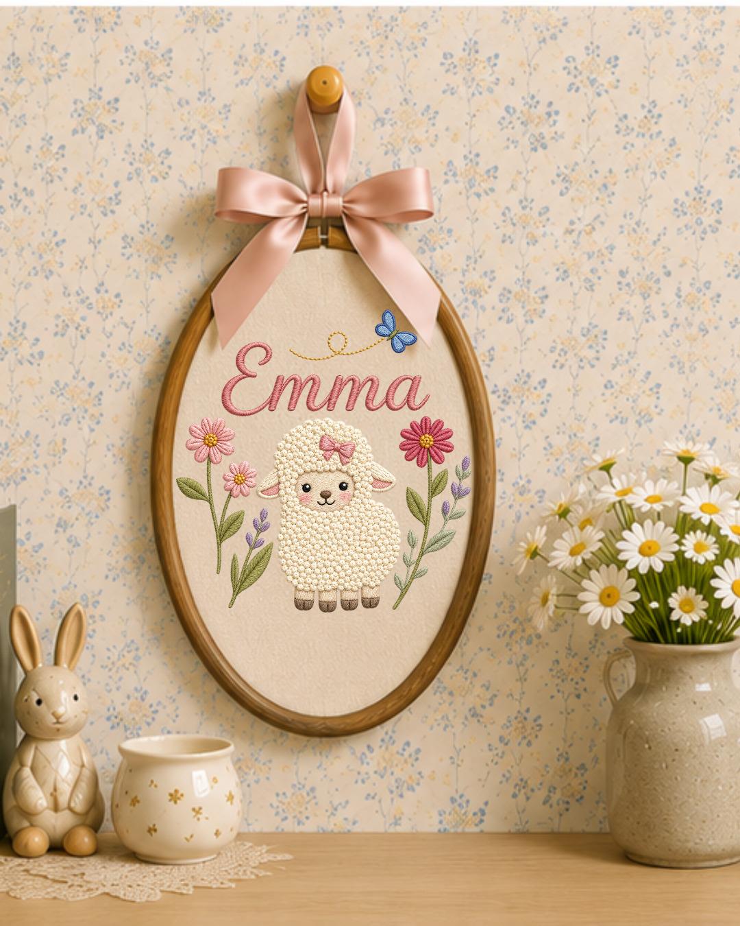 Personalized Lamb Embroidery Hoop, Custom Baby Name Ornament, Floral Nursery Wall Decor, Baby Girl Room Decor, Newborn Gift