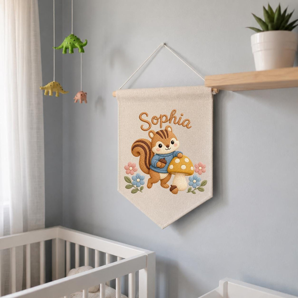 Personalized Embroidered Squirrel Name Banner, Woodland Nursery Wall Hanging
