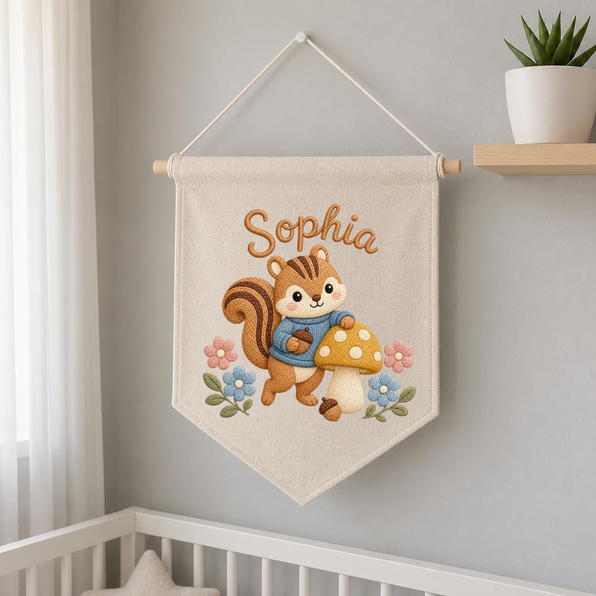 Personalized Embroidered Squirrel Name Banner, Woodland Nursery Wall Hanging