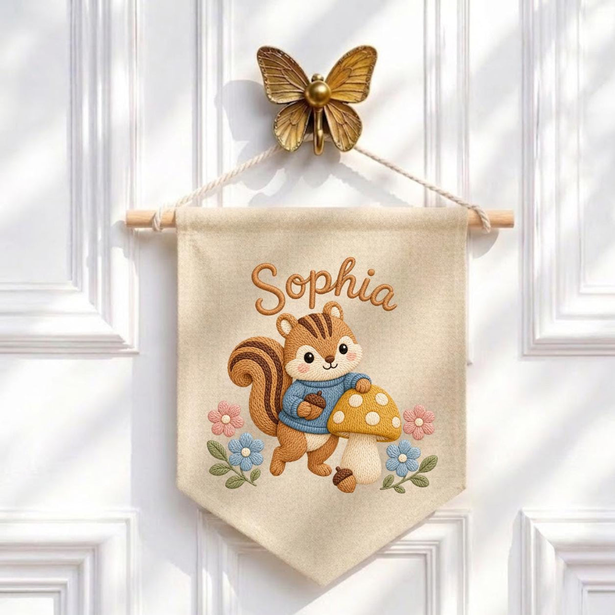 Personalized Embroidered Squirrel Name Banner, Woodland Nursery Wall Hanging