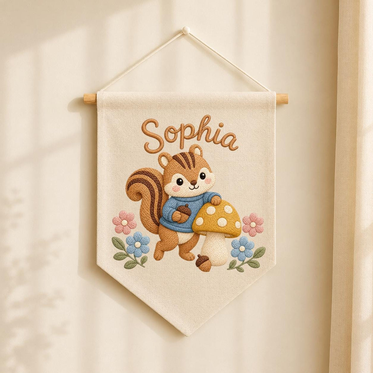 Personalized Embroidered Squirrel Name Banner, Woodland Nursery Wall Hanging