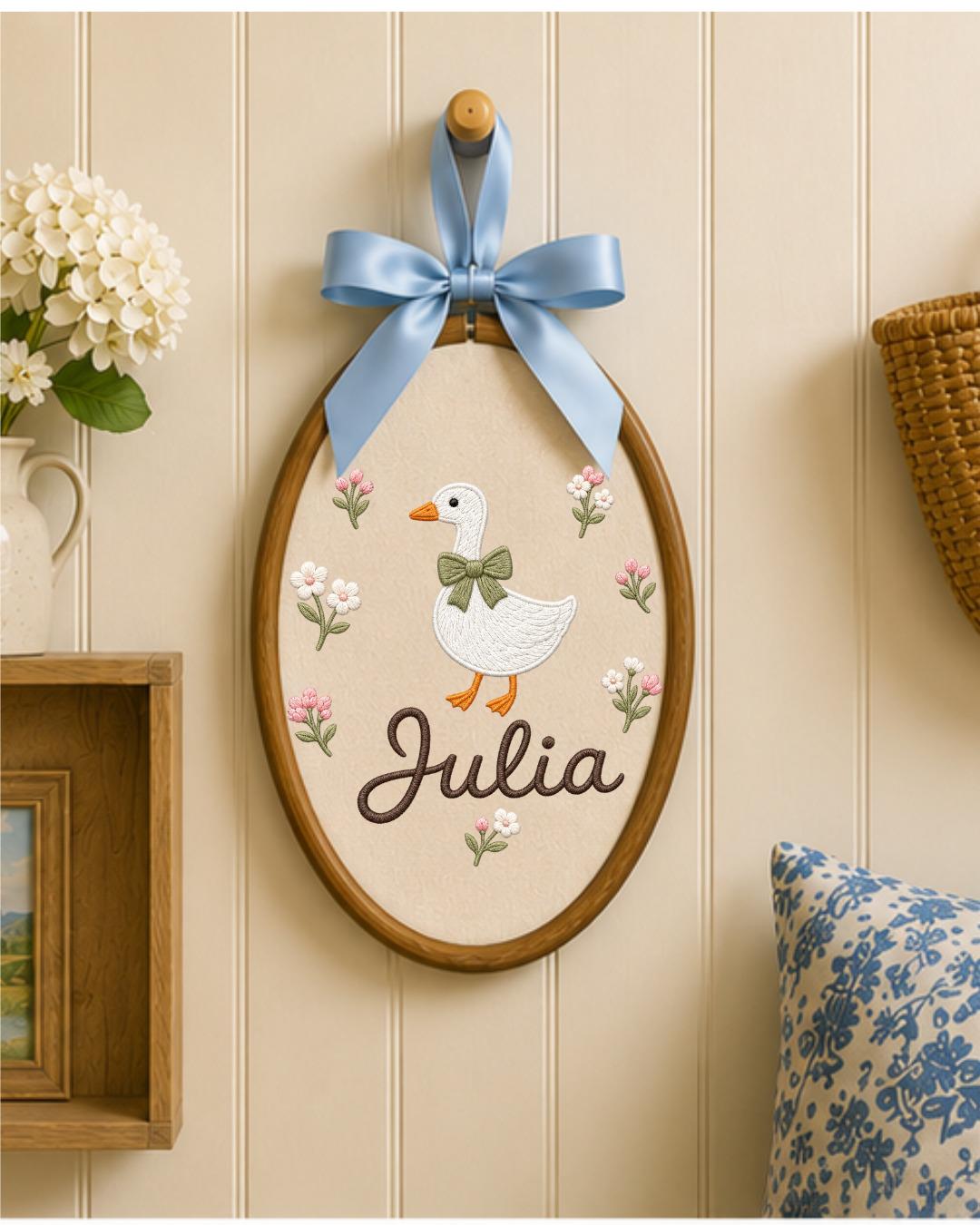 Personalized Goose Embroidery Hoop, Custom Baby Name Ornament, Floral Nursery Wall Decor, Baby Girl Room Decor, Newborn Gift
