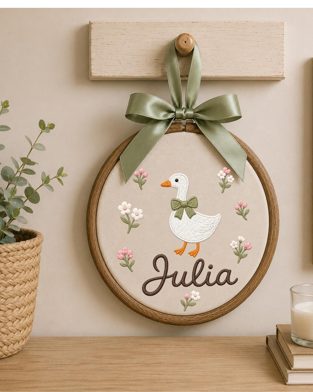Personalized Goose Embroidery Hoop, Custom Baby Name Ornament, Floral Nursery Wall Decor, Baby Girl Room Decor, Newborn Gift