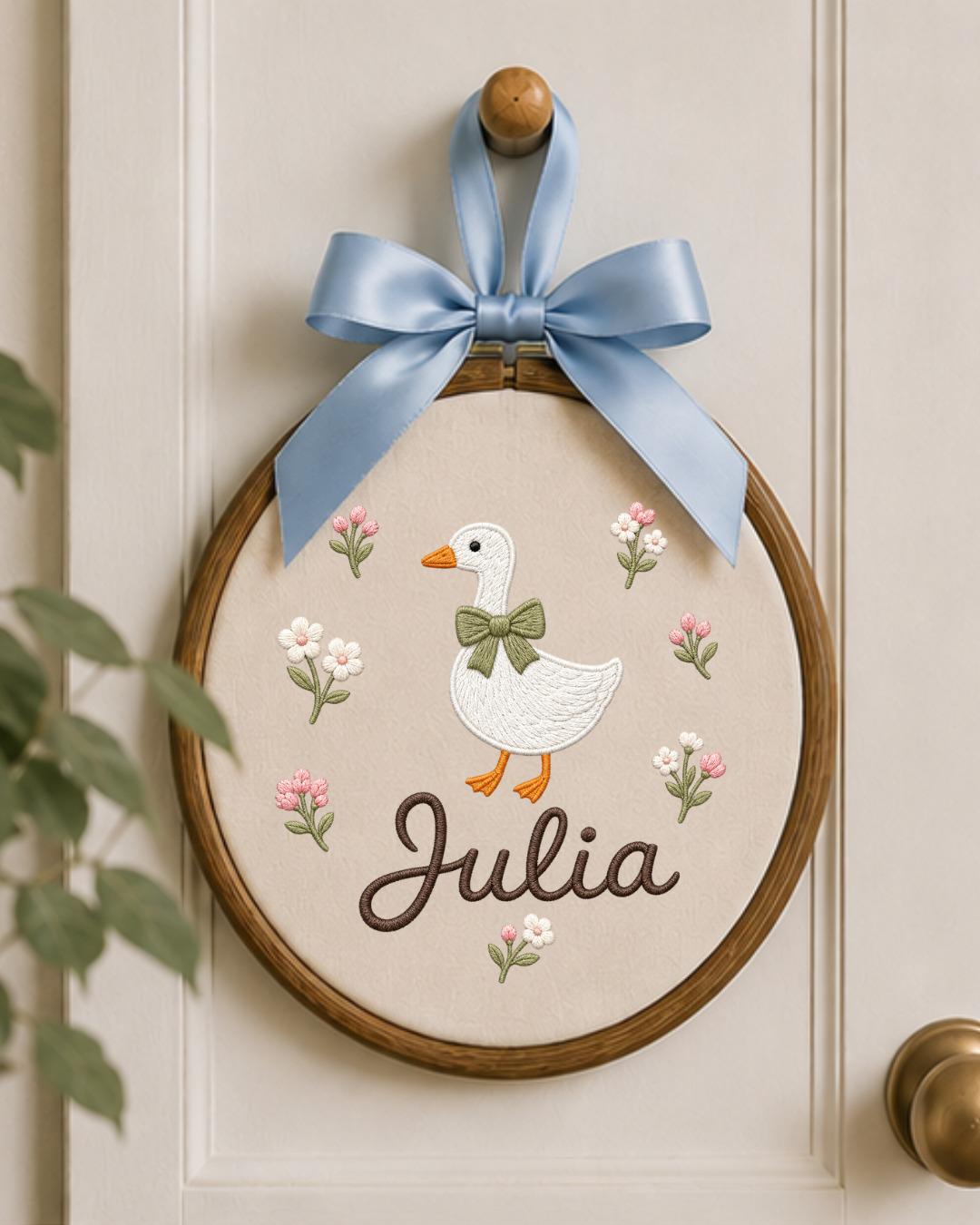 Personalized Goose Embroidery Hoop, Custom Baby Name Ornament, Floral Nursery Wall Decor, Baby Girl Room Decor, Newborn Gift