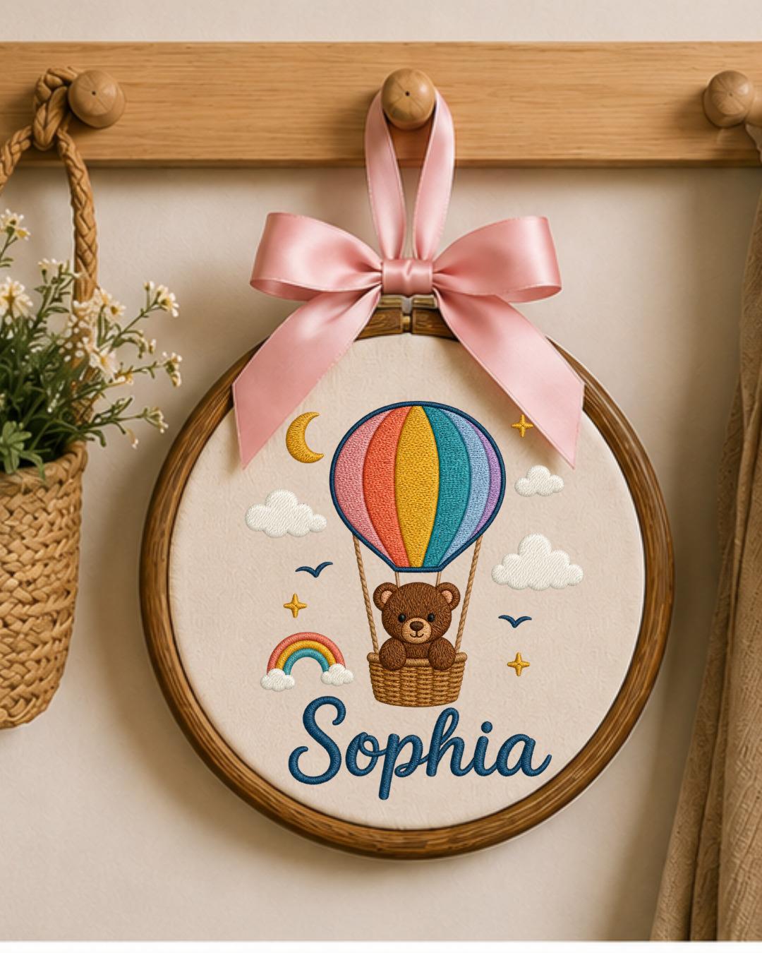 Personalized Teddy Bear Embroidery Hoop, Custom Baby Name Ornament, Hot Air Balloon Nursery Decor, Baby Shower Gift, Newborn Keepsake