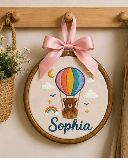 Personalized Teddy Bear Embroidery Hoop, Custom Baby Name Ornament, Hot Air Balloon Nursery Decor, Baby Shower Gift, Newborn Keepsake