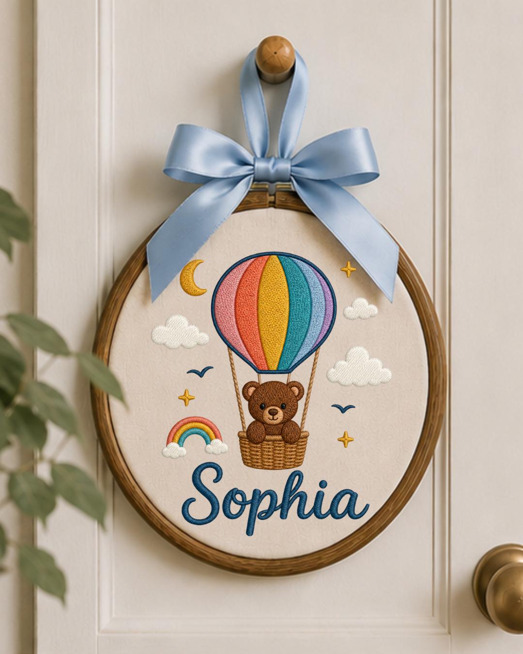 Personalized Teddy Bear Embroidery Hoop, Custom Baby Name Ornament, Hot Air Balloon Nursery Decor, Baby Shower Gift, Newborn Keepsake