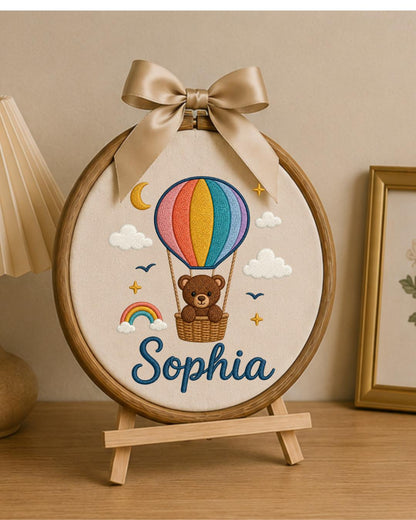 Personalized Teddy Bear Embroidery Hoop, Custom Baby Name Ornament, Hot Air Balloon Nursery Decor, Baby Shower Gift, Newborn Keepsake