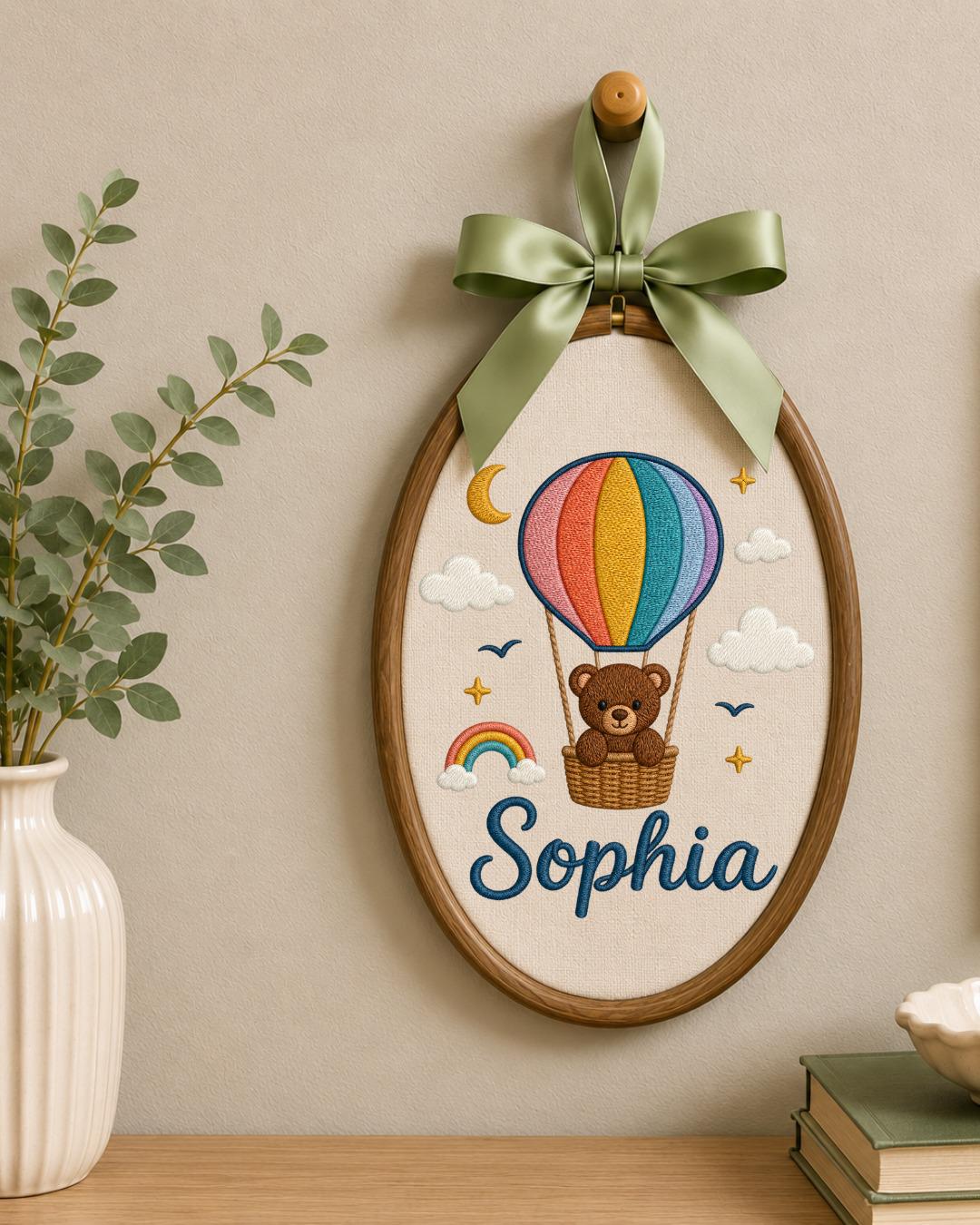Personalized Teddy Bear Embroidery Hoop, Custom Baby Name Ornament, Hot Air Balloon Nursery Decor, Baby Shower Gift, Newborn Keepsake