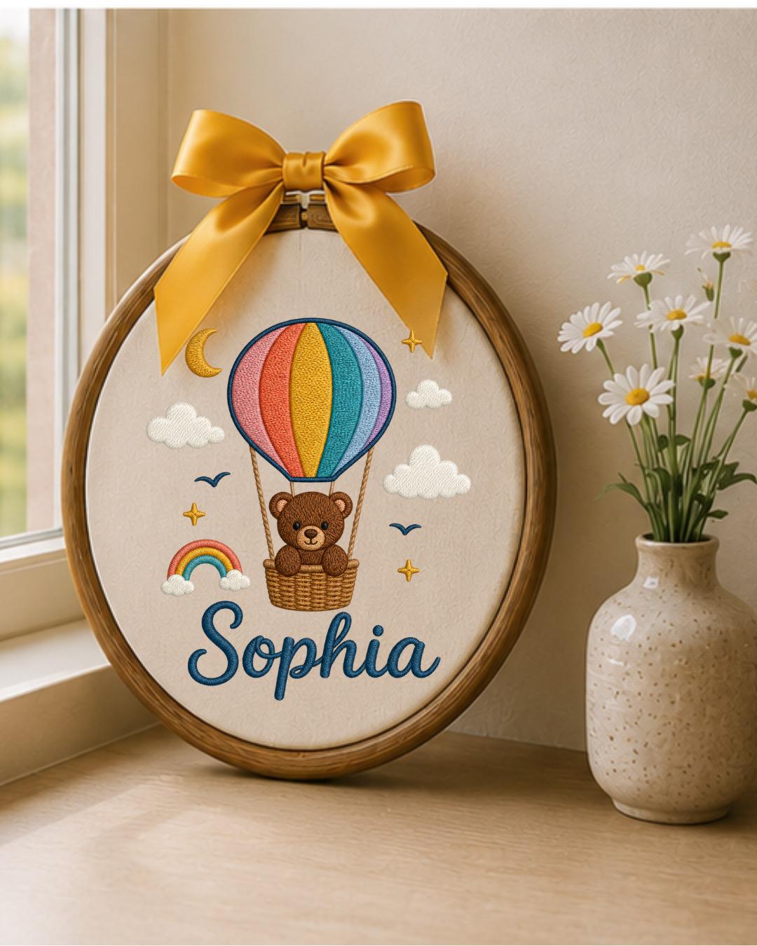 Personalized Teddy Bear Embroidery Hoop, Custom Baby Name Ornament, Hot Air Balloon Nursery Decor, Baby Shower Gift, Newborn Keepsake