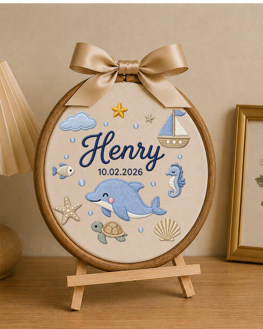 Personalized Dolphin Embroidery Hoop, Custom Baby Name and Birth Date Ornament, Ocean Nursery Wall Decor, Baby Boy Gift, Newborn Keepsake
