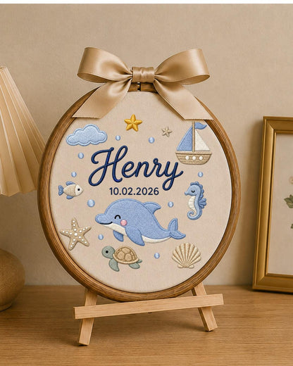 Personalized Dolphin Embroidery Hoop, Custom Baby Name and Birth Date Ornament, Ocean Nursery Wall Decor, Baby Boy Gift, Newborn Keepsake