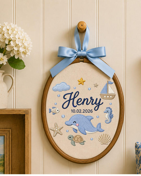 Personalized Dolphin Embroidery Hoop, Custom Baby Name and Birth Date Ornament, Ocean Nursery Wall Decor, Baby Boy Gift, Newborn Keepsake