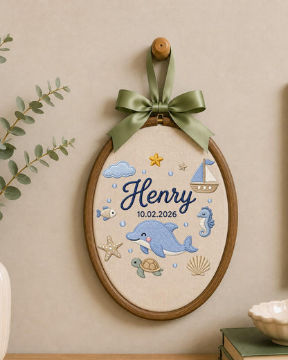 Personalized Dolphin Embroidery Hoop, Custom Baby Name and Birth Date Ornament, Ocean Nursery Wall Decor, Baby Boy Gift, Newborn Keepsake