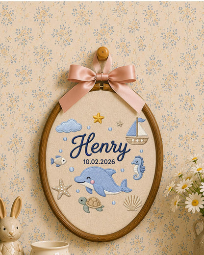 Personalized Dolphin Embroidery Hoop, Custom Baby Name and Birth Date Ornament, Ocean Nursery Wall Decor, Baby Boy Gift, Newborn Keepsake