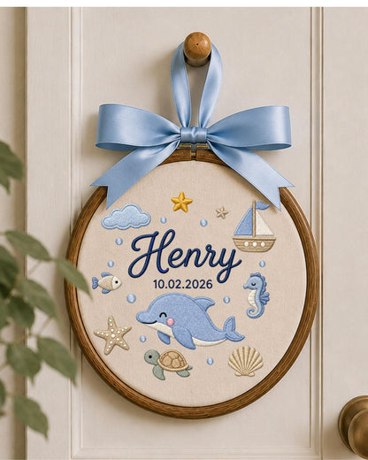 Personalized Dolphin Embroidery Hoop, Custom Baby Name and Birth Date Ornament, Ocean Nursery Wall Decor, Baby Boy Gift, Newborn Keepsake