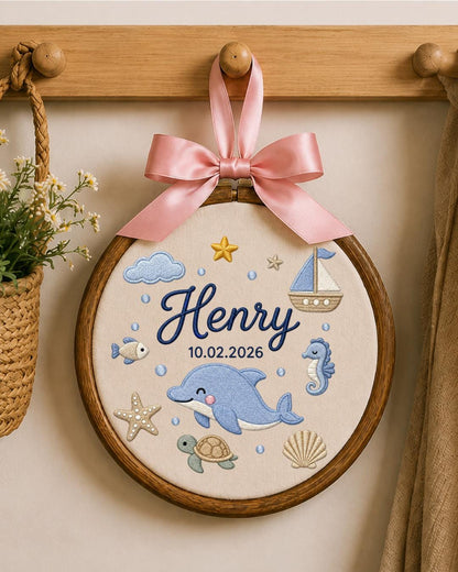 Personalized Dolphin Embroidery Hoop, Custom Baby Name and Birth Date Ornament, Ocean Nursery Wall Decor, Baby Boy Gift, Newborn Keepsake