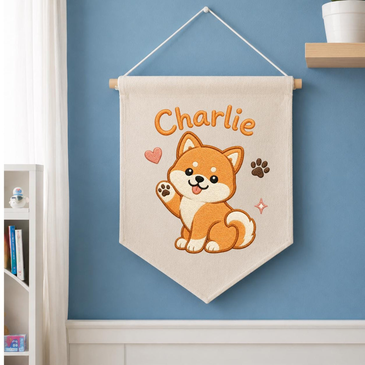 Personalized Embroidered Shiba Inu Banner, Custom Name Nursery Decor
