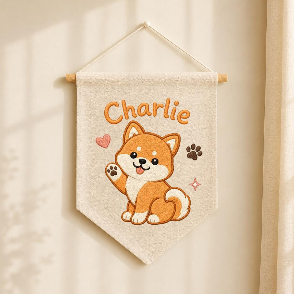 Personalized Embroidered Shiba Inu Banner, Custom Name Nursery Decor