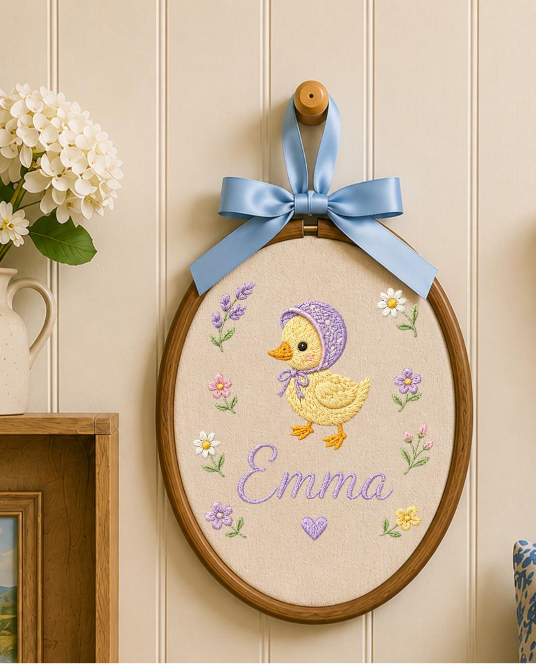 Personalized Duck Embroidery Hoop, Custom Baby Name Ornament, Floral Nursery Wall Decor, Baby Girl Room Decor, Newborn Keepsake Gift