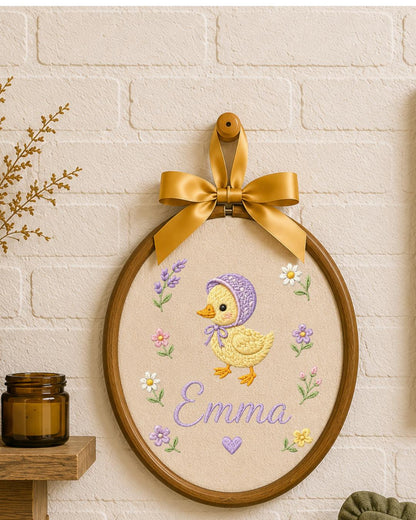 Personalized Duck Embroidery Hoop, Custom Baby Name Ornament, Floral Nursery Wall Decor, Baby Girl Room Decor, Newborn Keepsake Gift