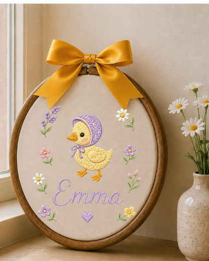 Personalized Duck Embroidery Hoop, Custom Baby Name Ornament, Floral Nursery Wall Decor, Baby Girl Room Decor, Newborn Keepsake Gift