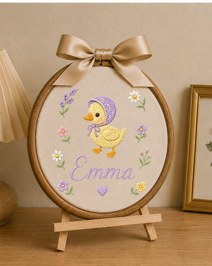 Personalized Duck Embroidery Hoop, Custom Baby Name Ornament, Floral Nursery Wall Decor, Baby Girl Room Decor, Newborn Keepsake Gift