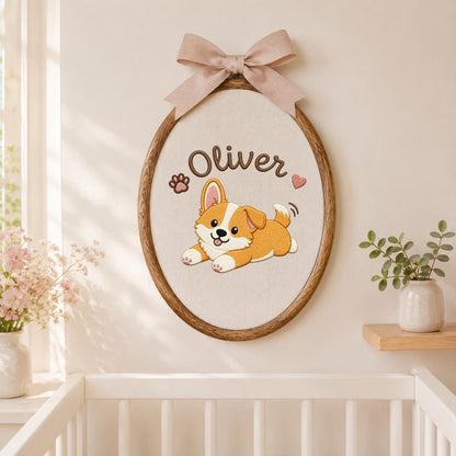 Personalized Corgi Puppy Embroidered Hoop Art, Custom Name Banner, Nursery Decor