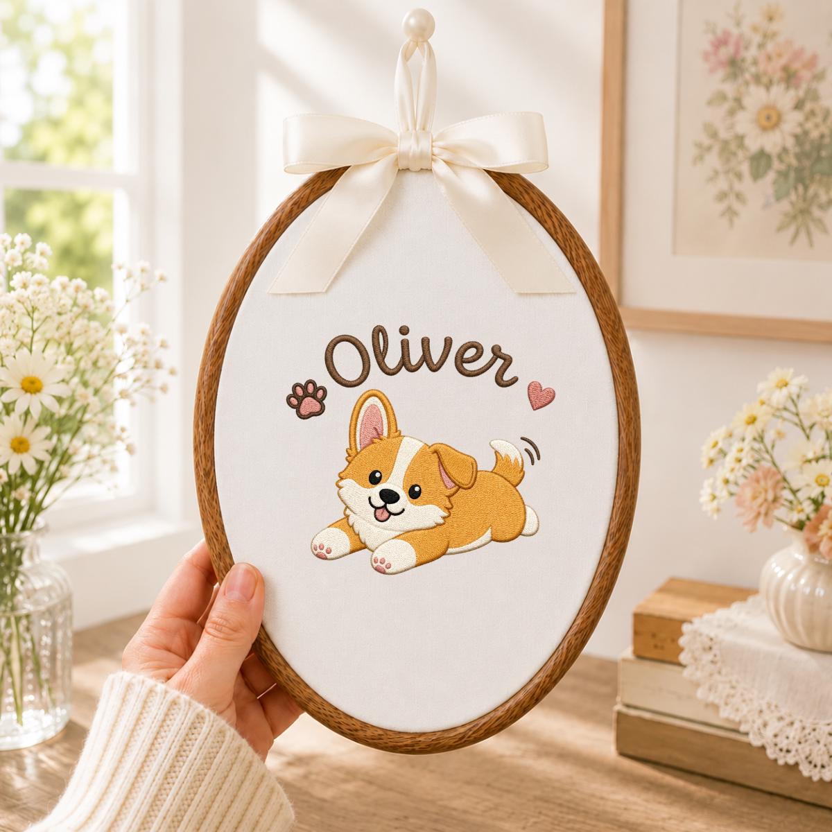 Personalized Corgi Puppy Embroidered Hoop Art, Custom Name Banner, Nursery Decor
