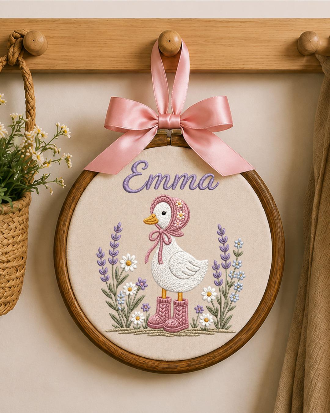 Personalized Goose Embroidery Hoop, Custom Baby Name Ornament, Floral Nursery Wall Decor, Baby Girl Room Decor, Newborn Keepsake Gift