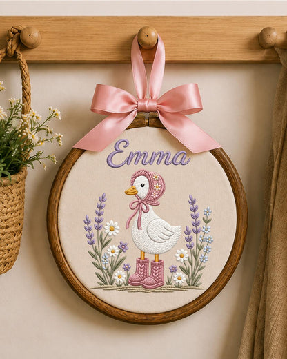 Personalized Goose Embroidery Hoop, Custom Baby Name Ornament, Floral Nursery Wall Decor, Baby Girl Room Decor, Newborn Keepsake Gift