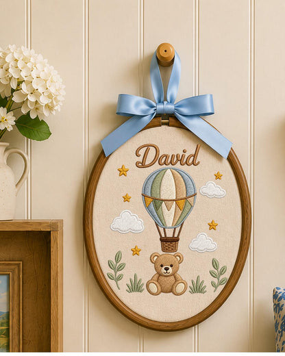 Personalized Teddy Bear Embroidery Hoop, Custom Baby Name Ornament, Hot Air Balloon Nursery Decor, Baby Boy Room Sign, Newborn Keepsake Gift