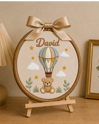 Personalized Teddy Bear Embroidery Hoop, Custom Baby Name Ornament, Hot Air Balloon Nursery Decor, Baby Boy Room Sign, Newborn Keepsake Gift