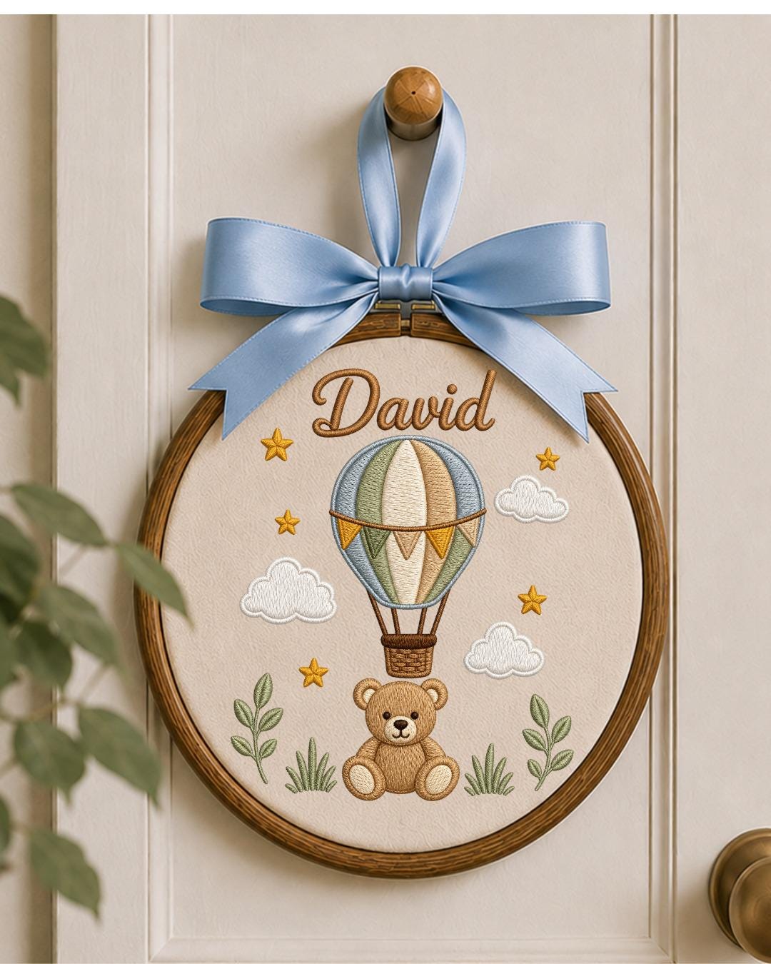 Personalized Teddy Bear Embroidery Hoop, Custom Baby Name Ornament, Hot Air Balloon Nursery Decor, Baby Boy Room Sign, Newborn Keepsake Gift