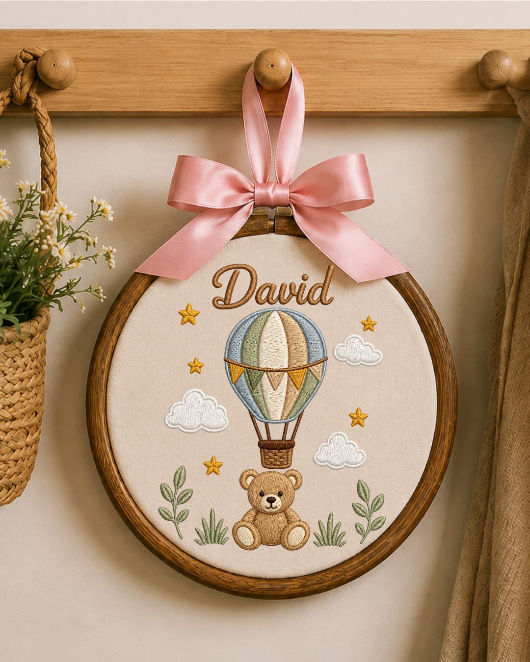 Personalized Teddy Bear Embroidery Hoop, Custom Baby Name Ornament, Hot Air Balloon Nursery Decor, Baby Boy Room Sign, Newborn Keepsake Gift