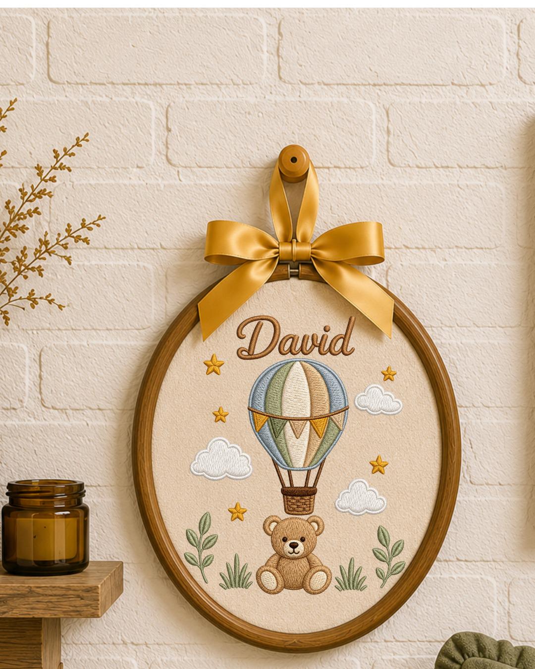 Personalized Teddy Bear Embroidery Hoop, Custom Baby Name Ornament, Hot Air Balloon Nursery Decor, Baby Boy Room Sign, Newborn Keepsake Gift