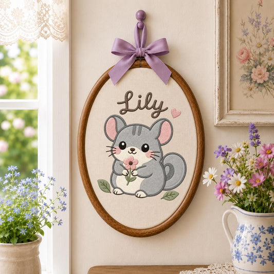 Personalized Chinchilla Embroidered Hoop Art, Woodland Nursery Decor