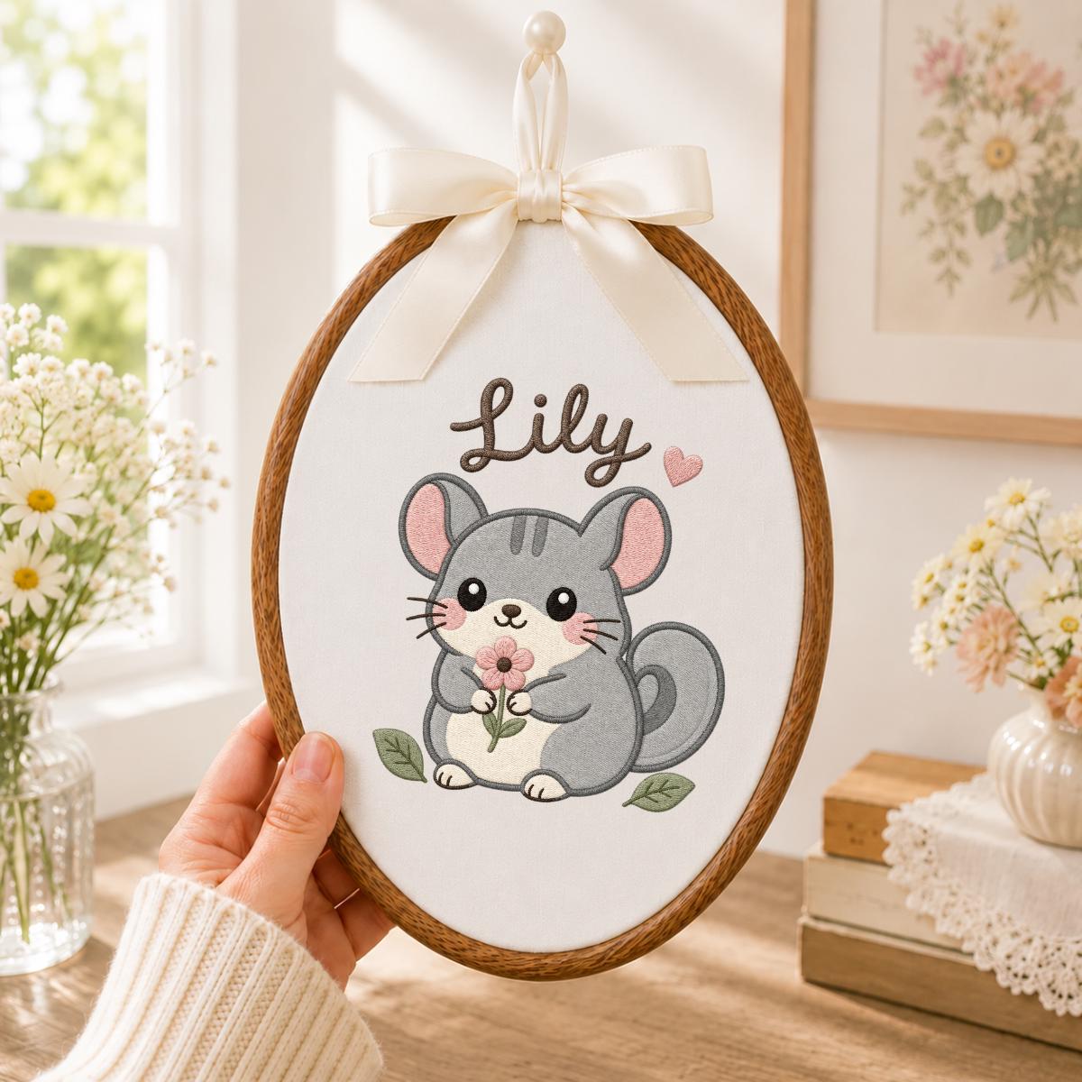 Personalized Chinchilla Embroidered Hoop Art, Woodland Nursery Decor