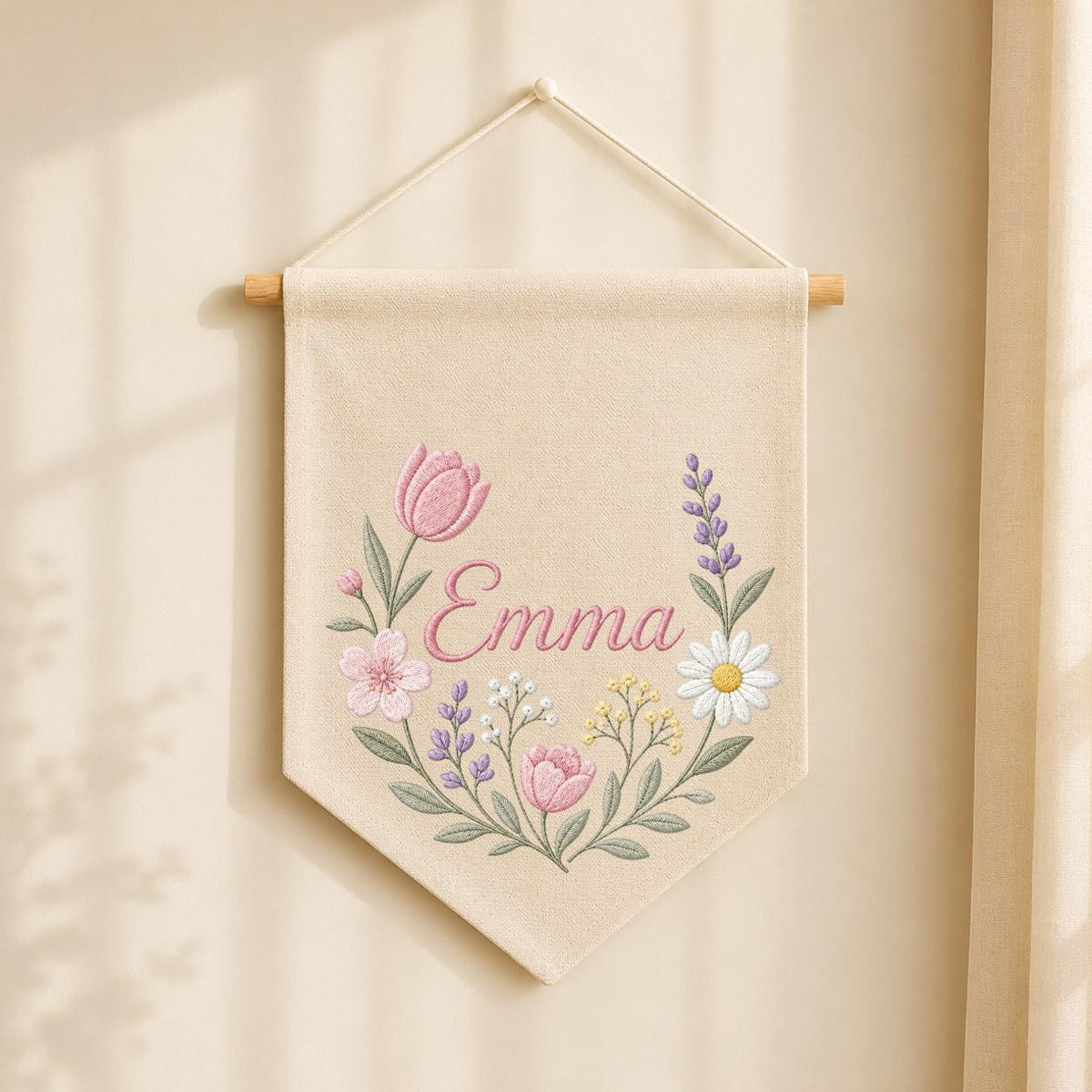 Personalized Embroidered Wildflower Name Banner, Floral Nursery Wall Decor