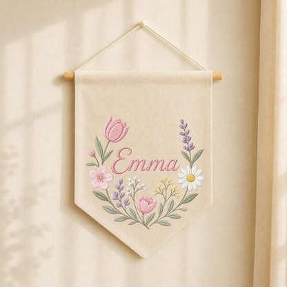 Personalized Embroidered Wildflower Name Banner, Floral Nursery Wall Decor