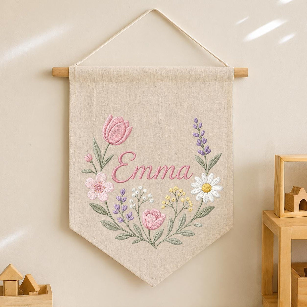 Personalized Embroidered Wildflower Name Banner, Floral Nursery Wall Decor