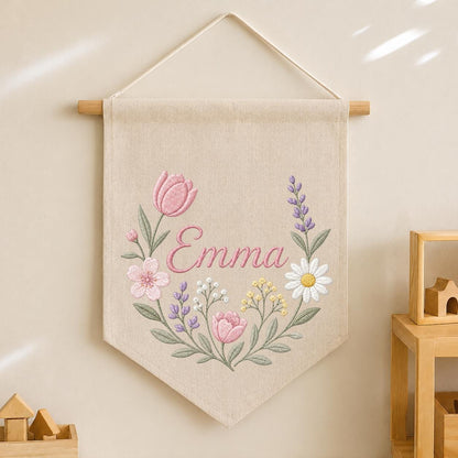 Personalized Embroidered Wildflower Name Banner, Floral Nursery Wall Decor