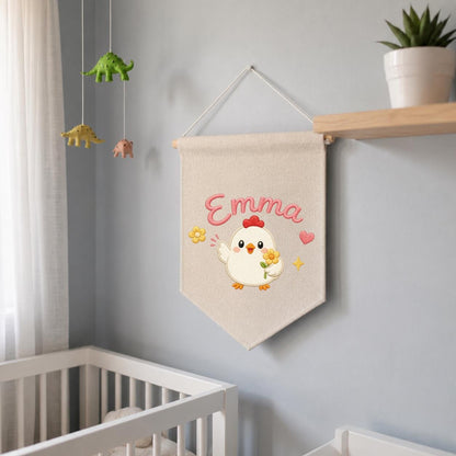 Personalized Embroidered Chicken Name Banner, Farmhouse Nursery Wall Hanging