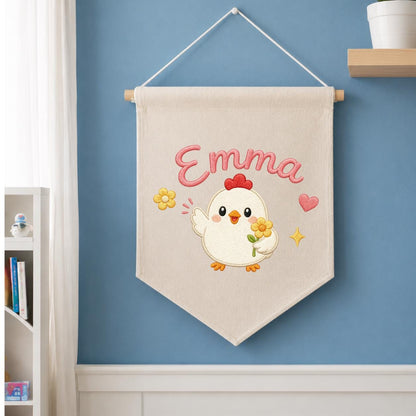 Personalized Embroidered Chicken Name Banner, Farmhouse Nursery Wall Hanging