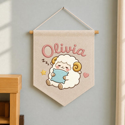 Personalized Sheep Embroidered Pennant Banner, Nursery Name Wall Hanging
