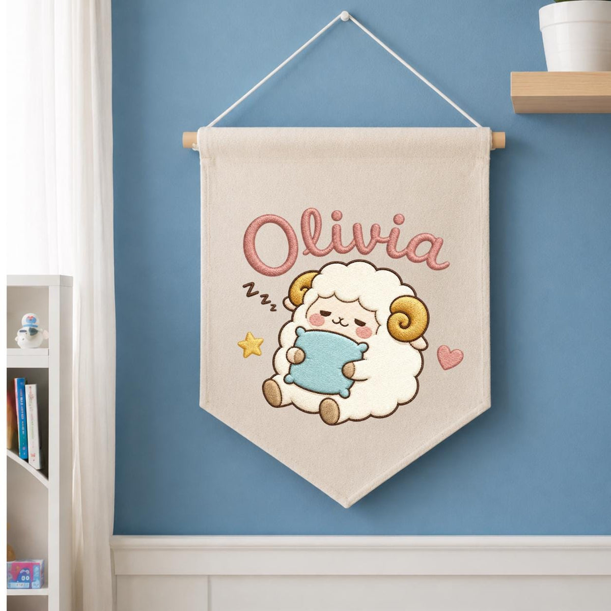 Personalized Sheep Embroidered Pennant Banner, Nursery Name Wall Hanging