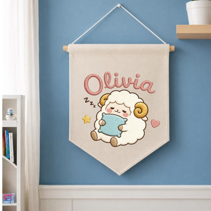 Personalized Sheep Embroidered Pennant Banner, Nursery Name Wall Hanging