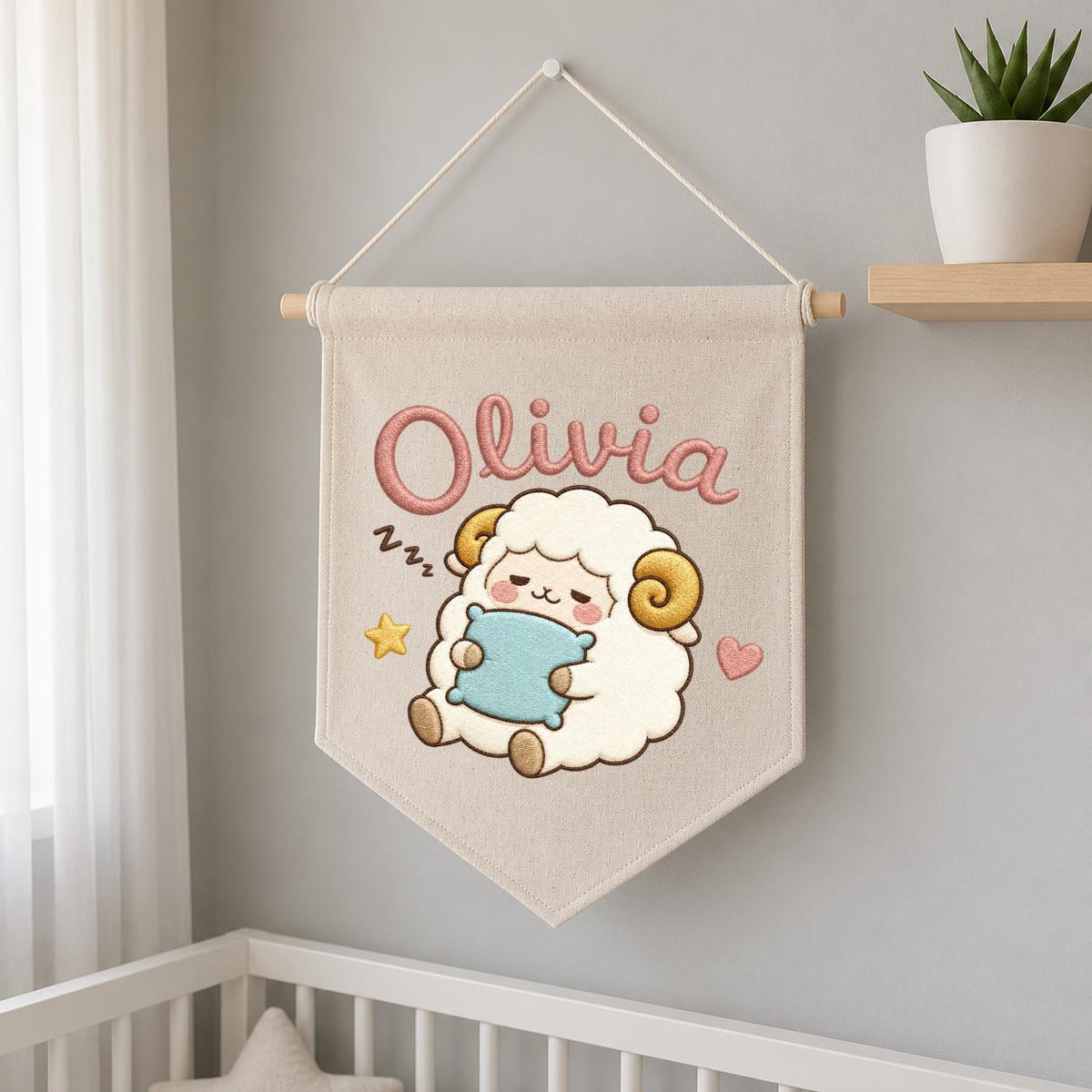 Personalized Sheep Embroidered Pennant Banner, Nursery Name Wall Hanging