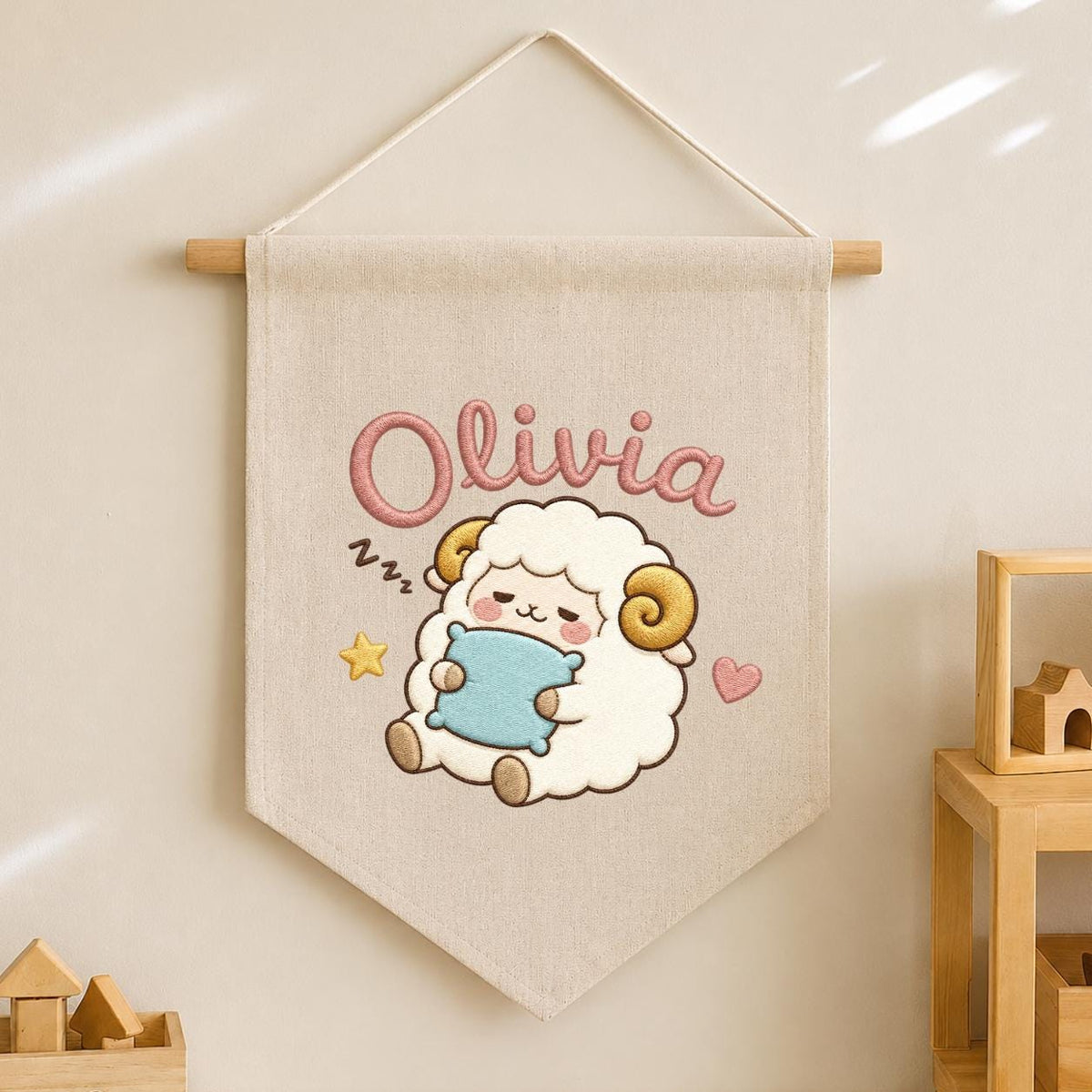 Personalized Sheep Embroidered Pennant Banner, Nursery Name Wall Hanging