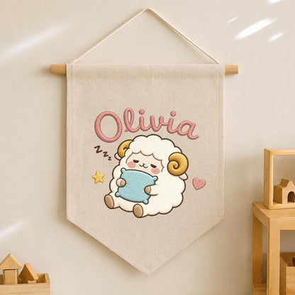Personalized Sheep Embroidered Pennant Banner, Nursery Name Wall Hanging